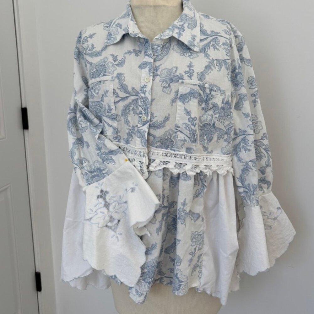 Vintage Blue Toile Boho Upcycled Handmade Festival Blouse